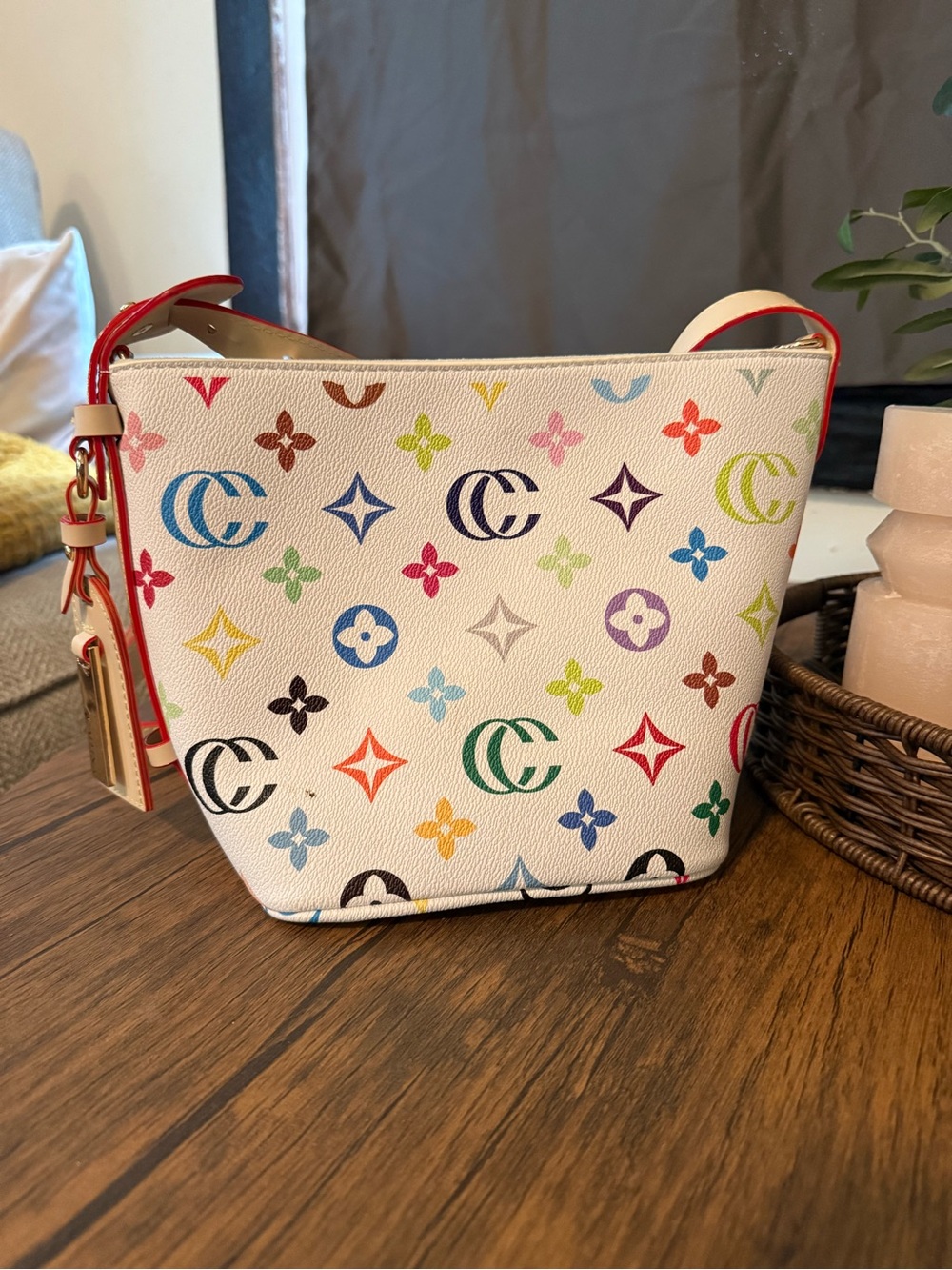 White Multicolor Monogram Shoulder Bucket Bag